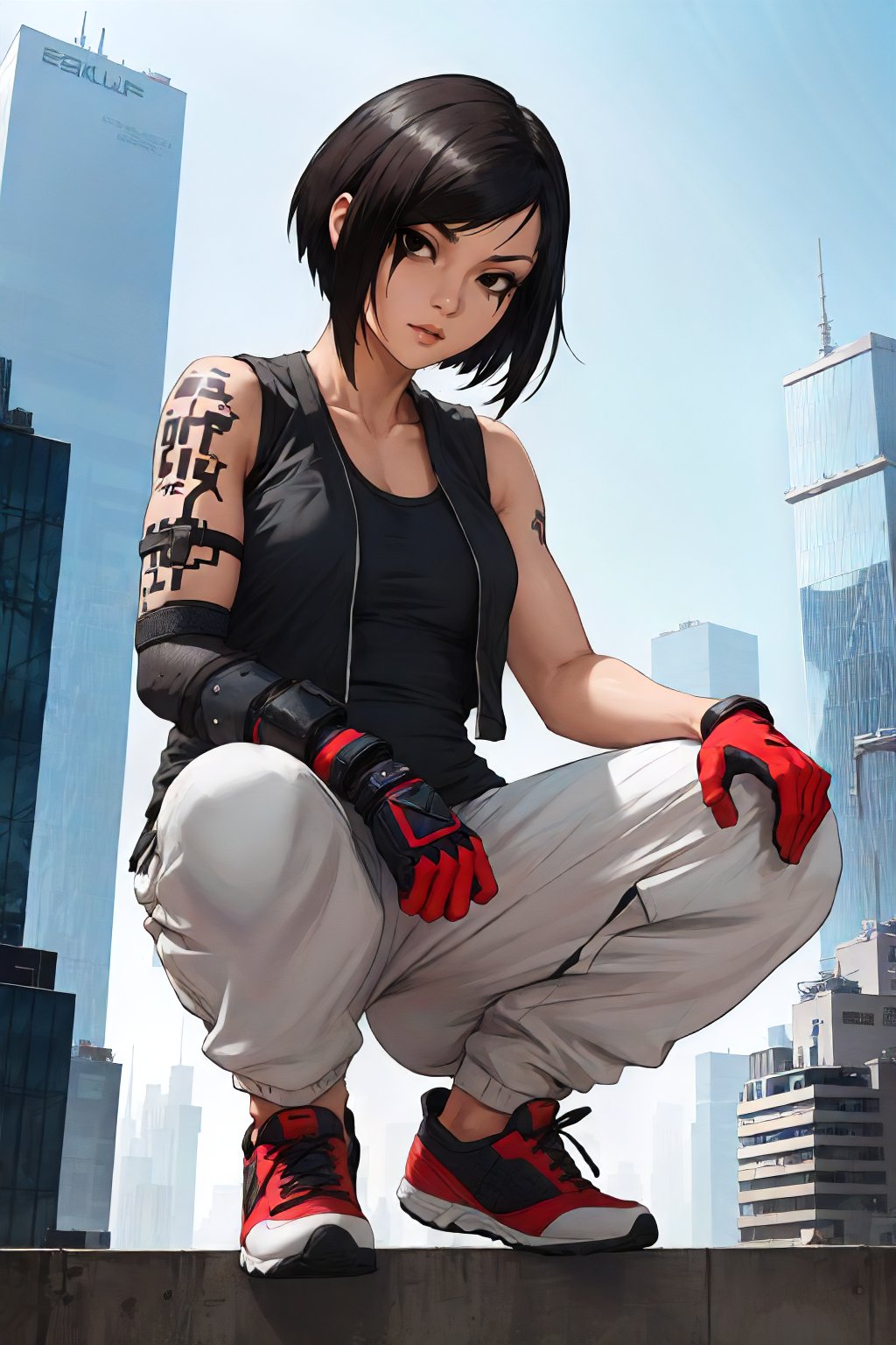 <lora:ME_FaithConnors-DEF:0.7> short hair, black eyes, vest, tank top, jogger_pants, glove, skyscrapers, arm tattoo, elbow guard, squatting, ledge, heights, perfect, sharp, masterpiece, detailed, high resolution, best quality,