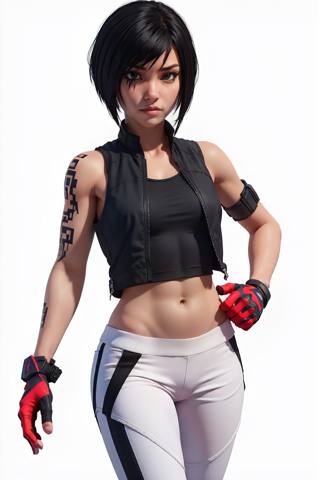 blender 3d, 1girl, solo, short hair, gloves, black hair, black eyes, vest, tank top, white pants, cowboy shot, elbow guard, white background, jogging_pants, tattoo <lora:ME_FaithConnors-DEF:0.7>, (high resolution, detailed, best quality, sharp)