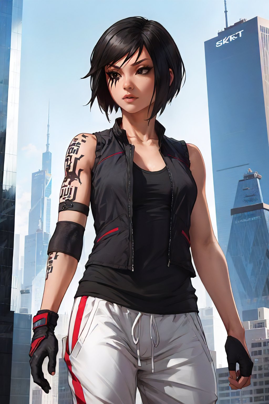 <lora:ME_FaithConnors-DEF:0.7> mefaith, short hair, black eyes, vest, tank top, jogger_pants, glove, skyscrapers, arm tattoo, elbow guard, perfect, sharp, masterpiece, detailed, high resolution, best quality,