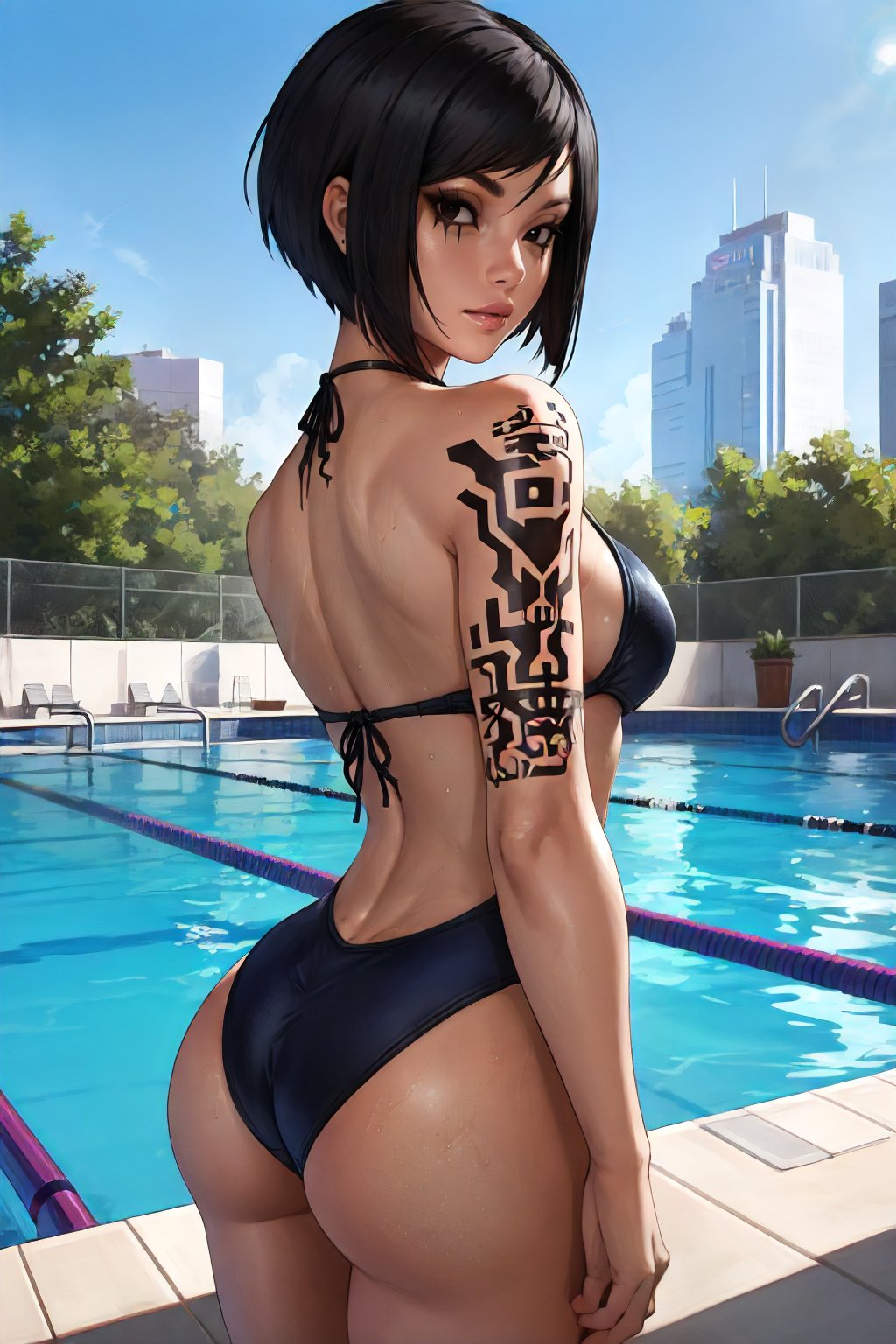 <lora:ME_FaithConnors-DEF:0.7> short hair, black eyes, arm tattoo, poolside, swimsuit, back to viewer, posing, perfect, sharp, masterpiece, detailed, high resolution, best quality,