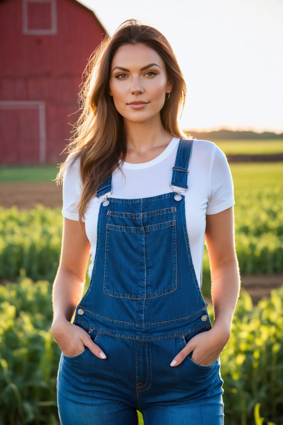 closeup portrait, professional photo, front lit natural lighting, upper body, facing viewer, beautiful thin woman wearing denim overalls, standing straight up outside on a farm, vivid colors,