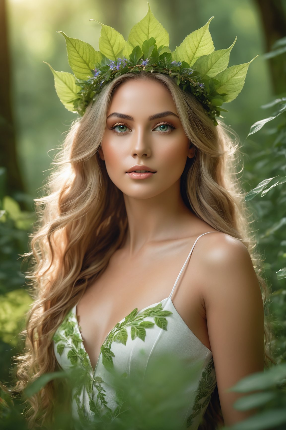 (best quality, 4k, 8k, highres, masterpiece:1.2), ultra-detailed, (realistic, photorealistic, photo-realistic:1.37), nature goddess, leaf body, portrait, greenery, wildflowers, breathtaking eyes, serene expression, graceful pose, ethereal beauty, luminous skin, flowing hair, elegant crown of leaves, soft natural light, vibrant colors, mythical essence, surreal atmosphere, dreamlike aura, harmonious connection with nature, enchanted forest.