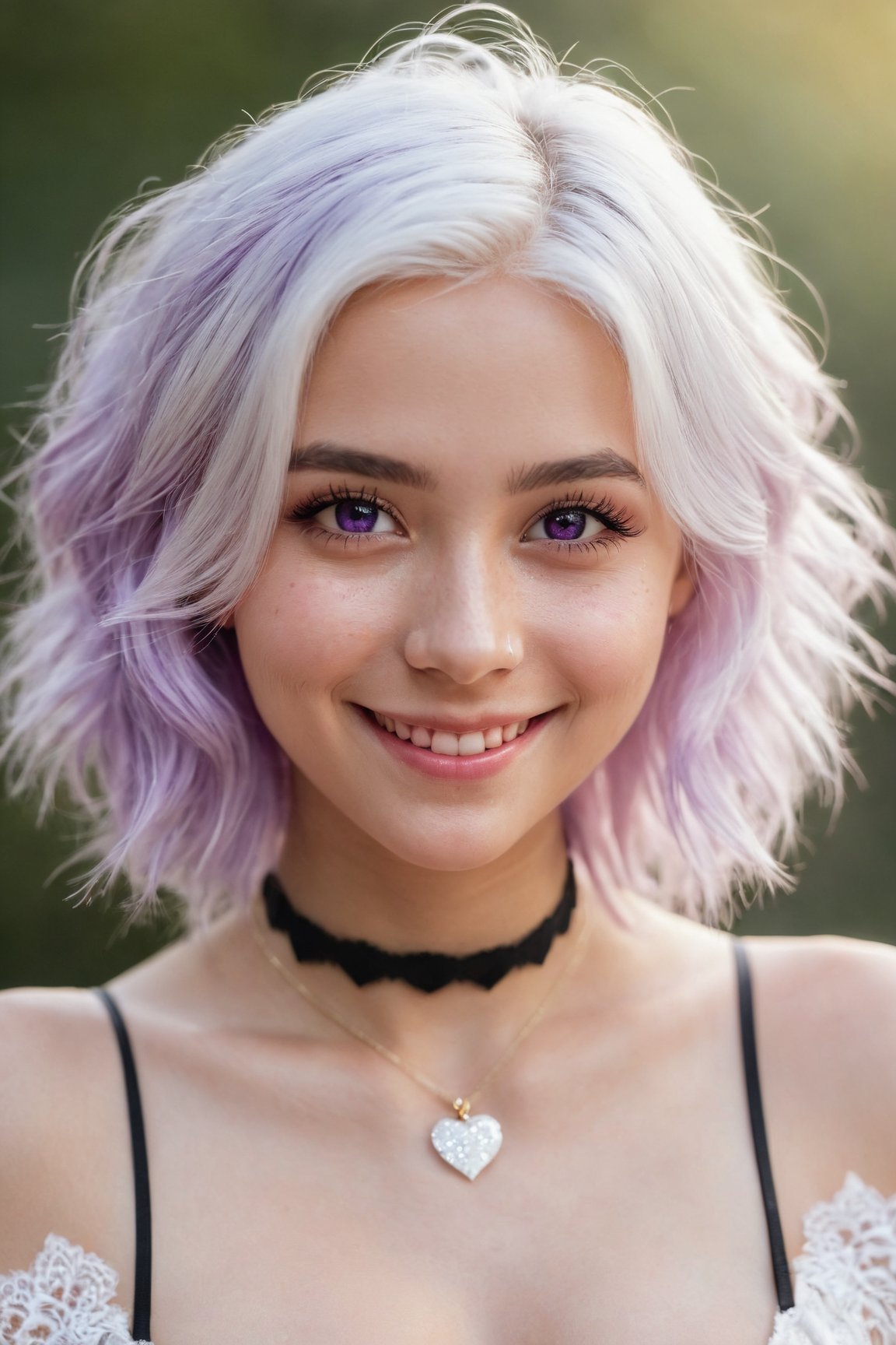 1girl, heart-shaped pupils, fingernails, white hair, purple eyes, (blush:1.1), choker, upper body, trembling, sweat, sweatdrop, heart, (medium breasts:0.6), love, heart, crop top, happy, smile, lace, bokeh, (freckles:0.8), natural skin texture, portrait