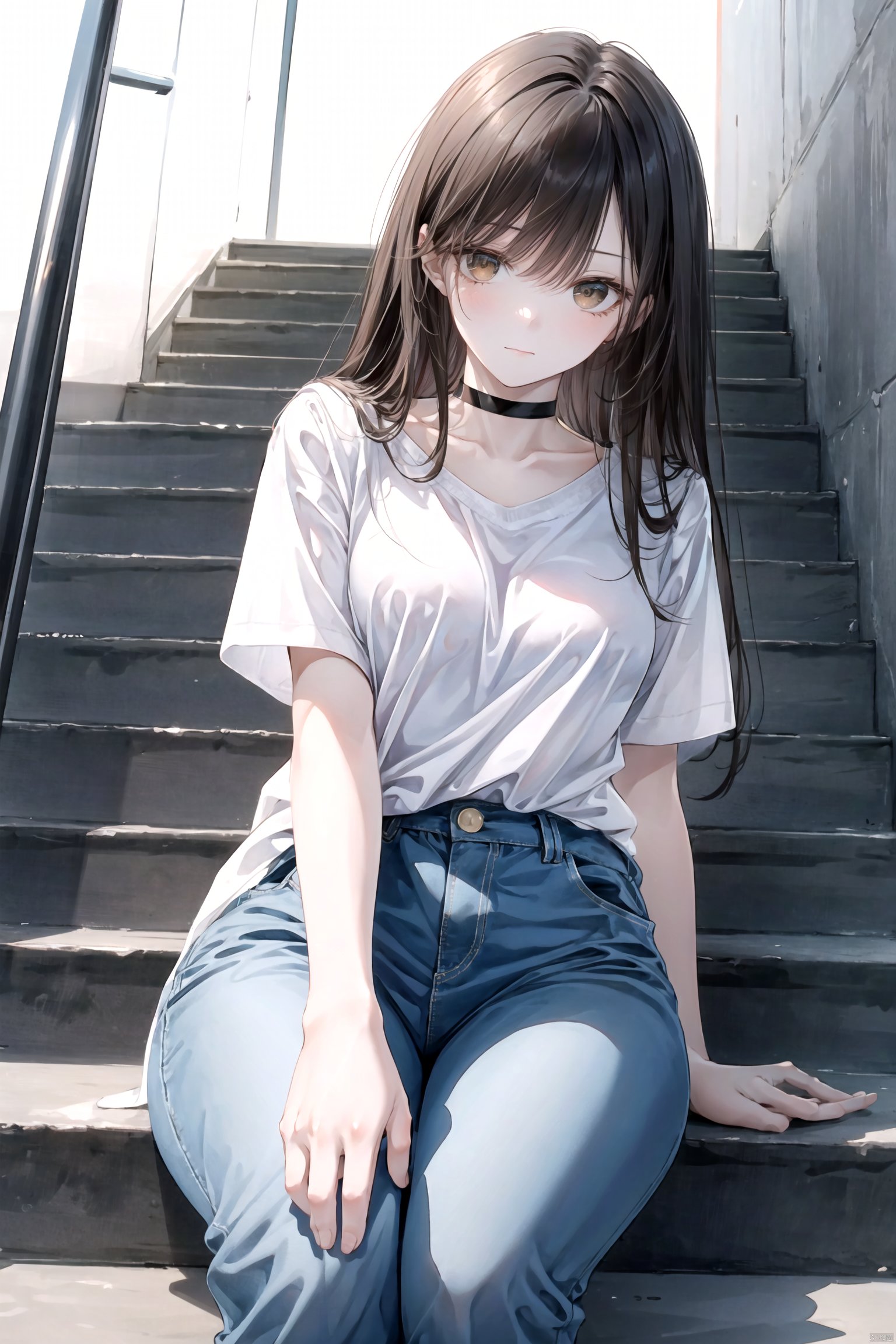 masterpiece,best quality;1mature girl,tender wifely,young milf,cheerful,solo.beautiful detailed face,detailed eyes,brown hair,pale face,choker,long hair,bangs,brown eyes,medium breasts,white shirt,jeans,sneakers;looking at viewer,sexually suggestive,charming,perfect female body;on stairs,school stairs.