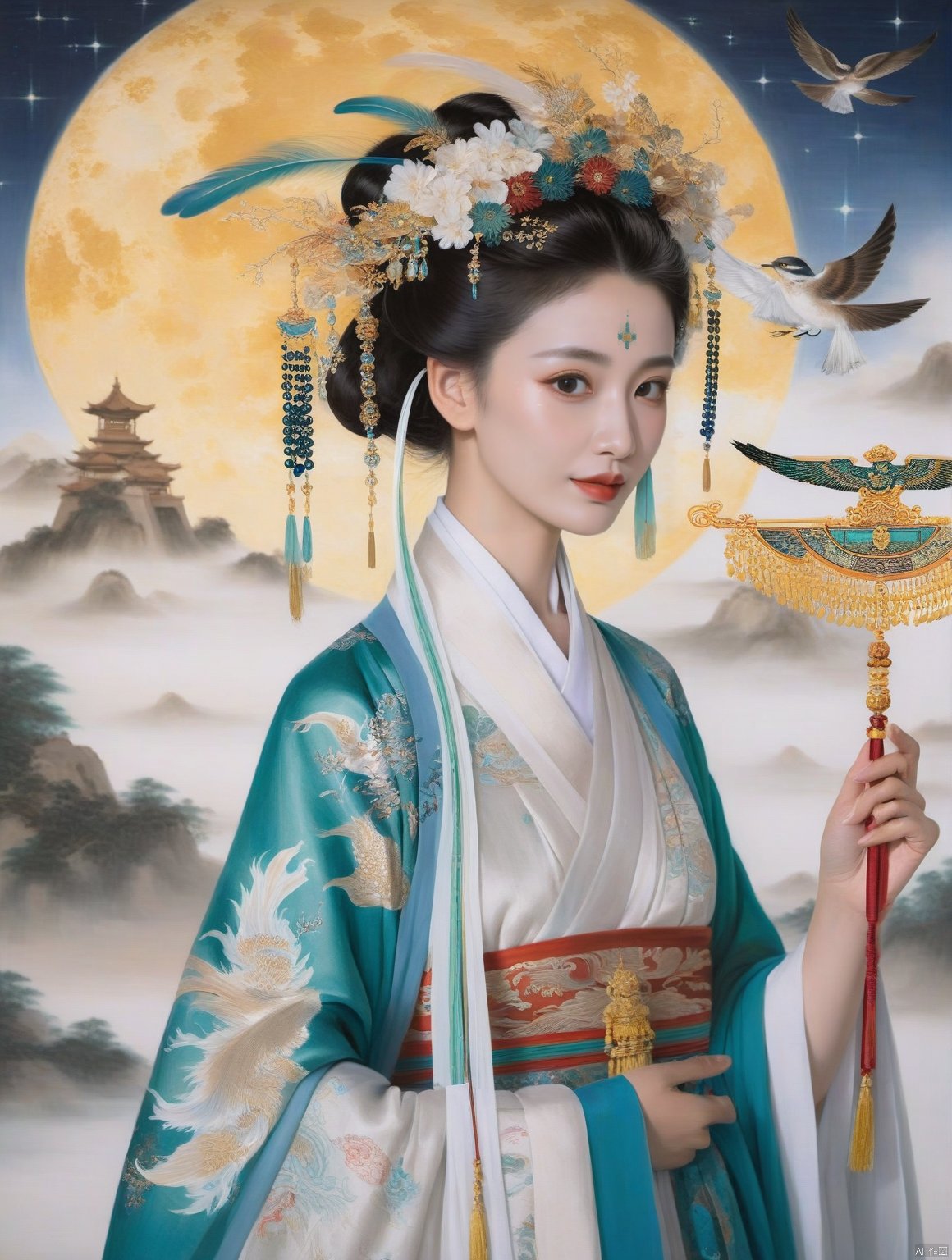  In this painting, the image of AI is divided into two. On the left, AI is dressed in ancient splendid attire, holding a feather fan in her hand and wearing a wreath on her head, like an ancient lady walking out of a scroll. The background is a beautiful ancient landscape painting, giving people a calm and elegant feeling. On the right, AI is an image dressed in high-tech equipment, emitting a cold light and shining with wisdom in its eyes, while the background is a sea of stars, symbolizing the infinite possibilities of technology. The entire painting is like a journey of time spanning thousands of years, showcasing the adaptability and ever-changing possibilities of AI across different eras