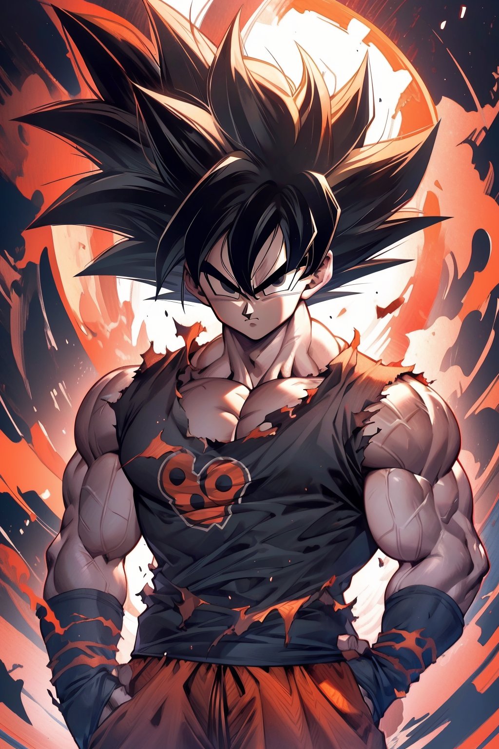 ((best quality)), masterpiece, ((ultra-detailed)), illustration, 8k wallpaper, ((extremely detailed CG unity 8k wallpaper)), (extremely detailed eyes and face), huge filesize, game cg,songoku, male focus, solo, 1boy, aura, muscular, torn clothes, black hair, muscular male, spiked hair, pectorals, pants, wristband, orange pants, abs, topless male, serious, closed mouth, standing, black eyes, clenched hands, torn pants, looking at viewer<lora:songoku:0.8>