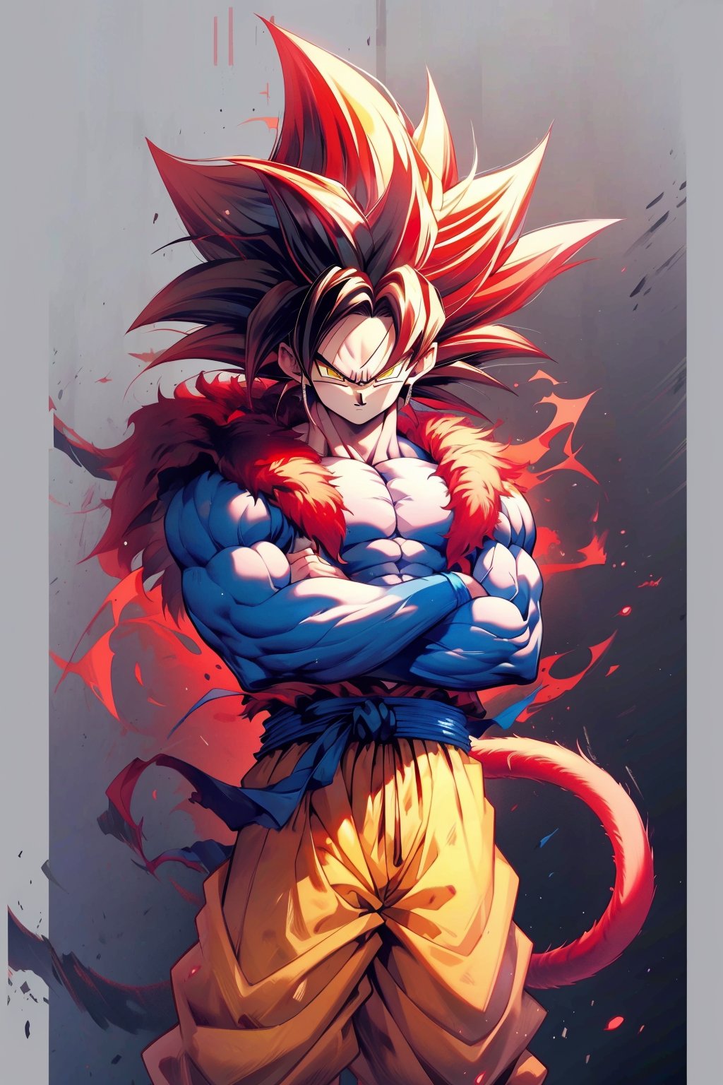 ((best quality)), masterpiece, ((ultra-detailed)), illustration, 8k wallpaper, ((extremely detailed CG unity 8k wallpaper)), (extremely detailed eyes and face), huge filesize, game cg,songoku, super saiyan, body fur, male focus, monkey tail, 1boy, crossed arms, tail, solo, red fur, spiked hair, muscular, blue hair, looking at viewer, yellow eyes, sash, pants, blue sash, closed mouth, pectorals, yellow pants, black hair, standing<lora:songoku:0.8>