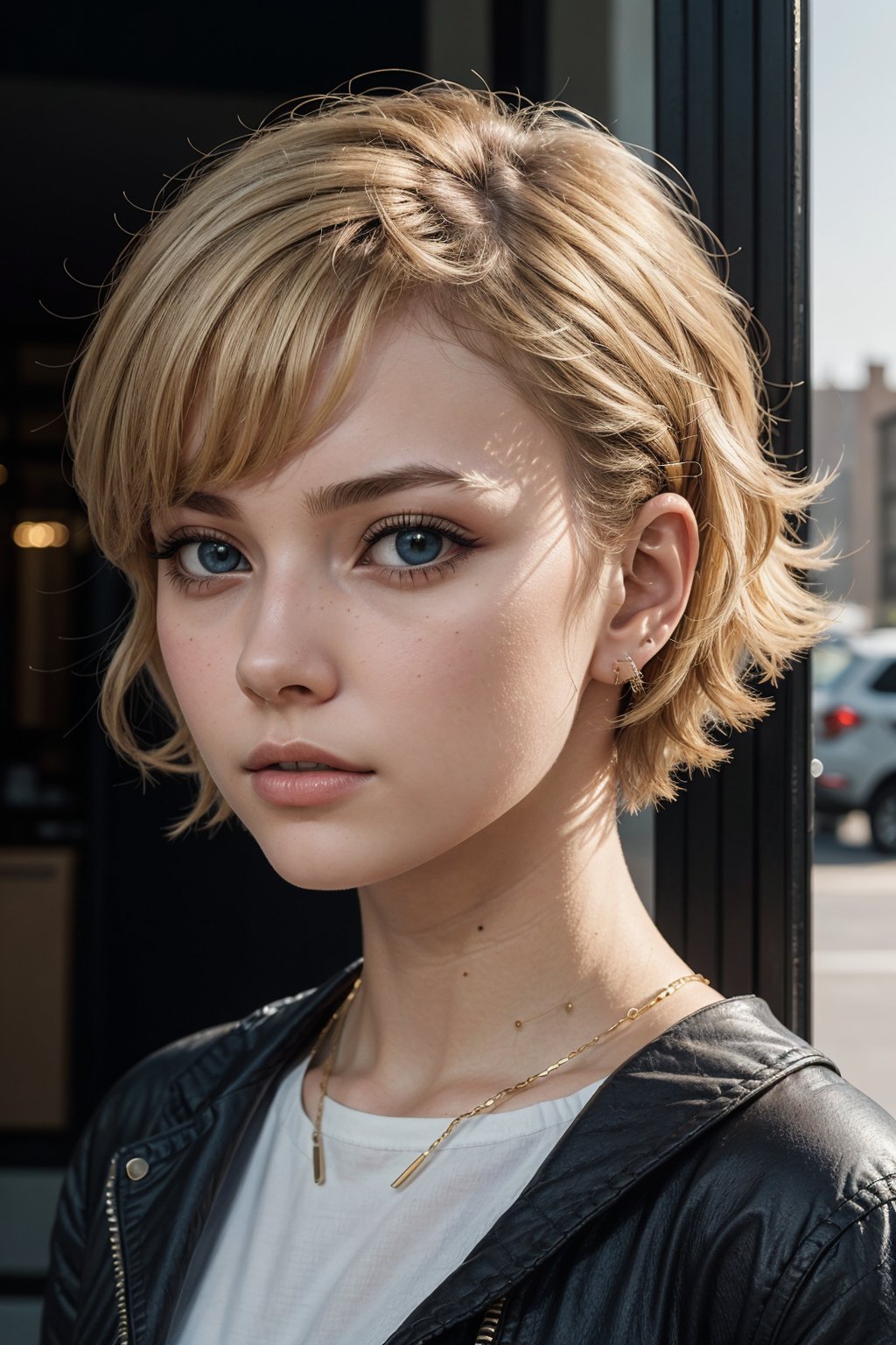 (masterpiece), science fiction, scenery,a 20 yo woman, blonde, (hi-top fade:1.3), (gold makeup), curly_hair, dark theme, soothing tones, muted colors, high contrast, (natural skin texture, hyperrealism, soft light, sharp), bangs,HellAI,LinkGirl,blue eyes,