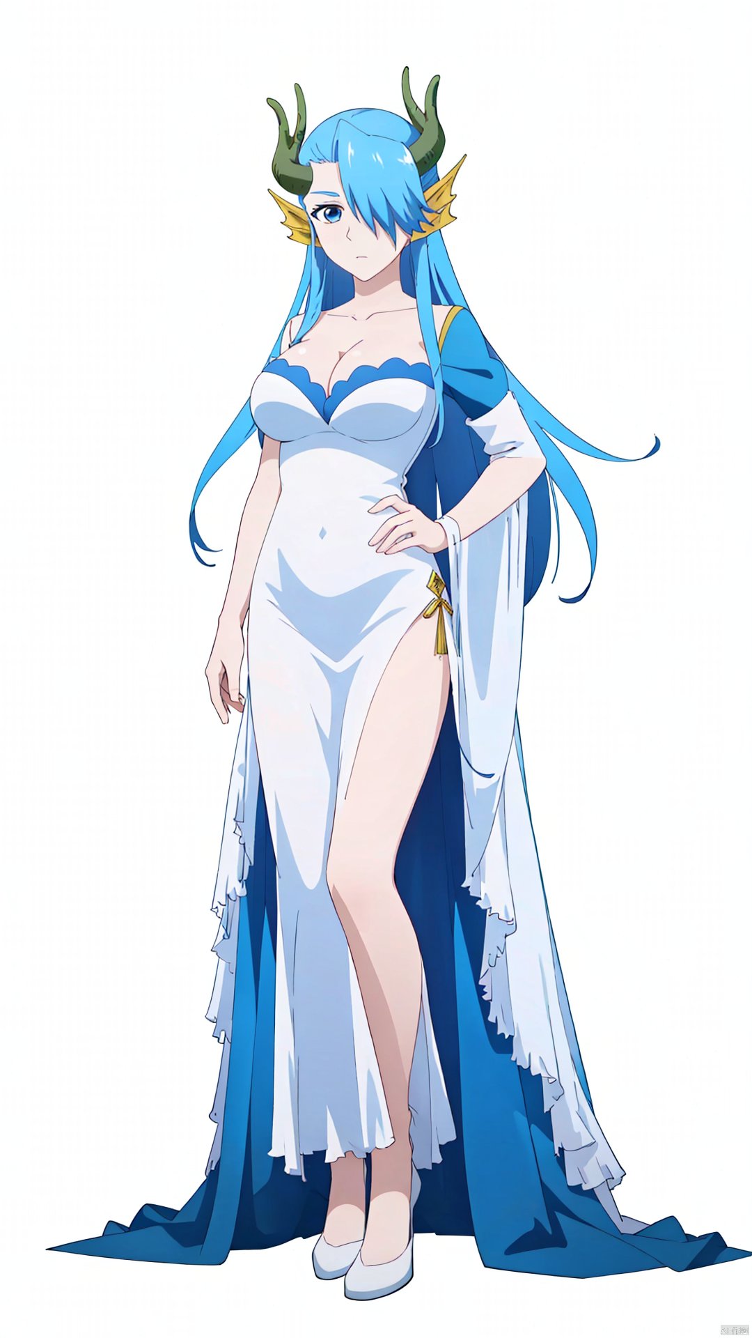 aoguang, 1girl, solo, blue eyes, blue hair, breasts, cleavage, large breasts, long hair, hair over one eye, horns, (chiffon dress:1.5),

(blank background:1.8), (full-body shot, full body:1.3), 