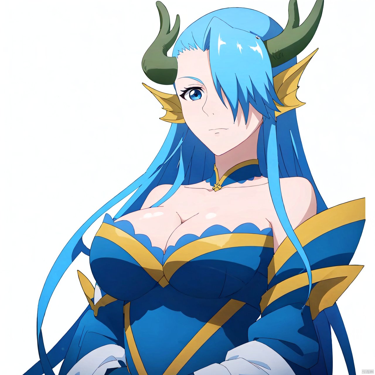 aoguang, 1girl, solo, blue eyes, blue hair, breasts, cleavage, large breasts, long hair, hair over one eye, horns, (chiffon dress:1.5),

(blank background:1.8),