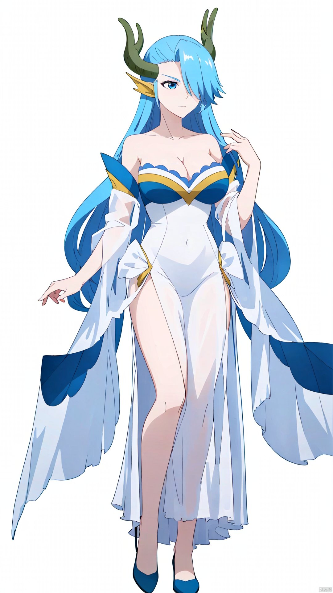 aoguang, 1girl, solo, blue eyes, blue hair, breasts, cleavage, large breasts, long hair, hair over one eye, horns, (chiffon dress:1.5),

(blank background:1.8), (full-body shot, full body:1.3), 