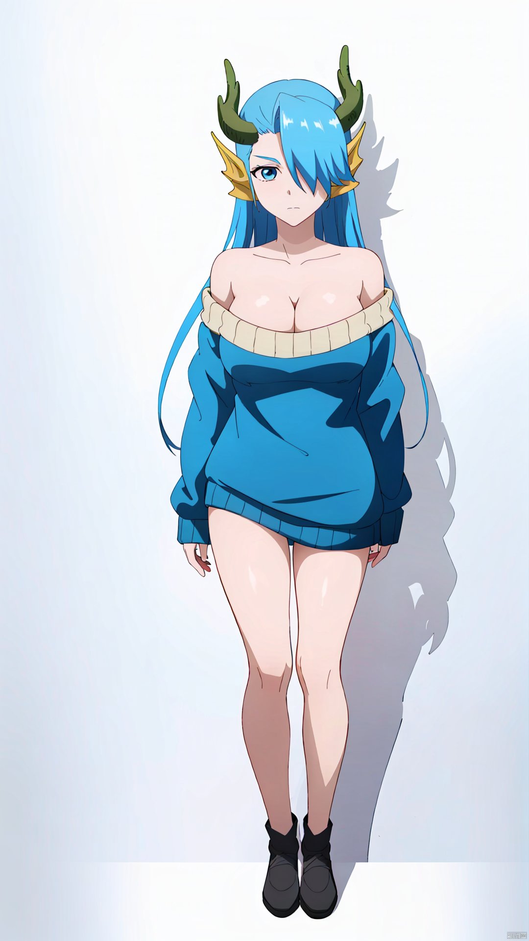 aoguang, 1girl, solo, blue eyes, blue hair, breasts, cleavage, large breasts, long hair, hair over one eye, horns, (off-shoulder sweater:1.5),

(blank background:1.8), (full-body shot, full body:1.3), 