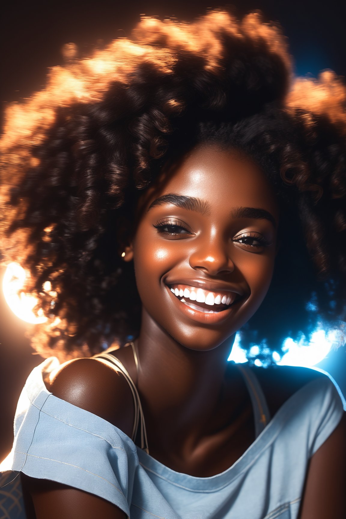 Portrait Shot, A (young beautiful dark_skinned girl:1.2) (content, laughing expression:1.3), spinning around, (realistic hair, real hair, perfect hair, photorealistic, photorealism, photo, real life, extra detail:1.2), in a dark illuminated atmosphere, face by Ilya Kuvshinov