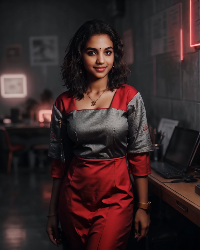 photo of extremely sexy, 25yo mallu girl, woman as a sexy student, modelshoot style, (extremely detailed CG unity 8k wallpaper), photo of the most beautiful artwork in the world,  trending on CGSociety, Intricate, High Detail, Sharp focus, dramatic, photorealistic painting art by midjourney and greg rutkowski, (looking at viewer:1), (detailed pupils:1.3),  smiling, bob haircut,  red dress
.Realism, gray background,20 year old girl,CyberpunkWorld,GdClth