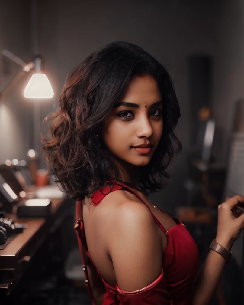 photo of extremely sexy, 25yo mallu girl, woman as a sexy student, modelshoot style, (extremely detailed CG unity 8k wallpaper), photo of the most beautiful artwork in the world,  trending on CGSociety, Intricate, High Detail, Sharp focus, dramatic, photorealistic painting art by midjourney and greg rutkowski, (looking at viewer:1), (detailed pupils:1.3),  smiling, bob haircut,  red dress
.Realism, gray background,20 year old girl,CyberpunkWorld,GdClth