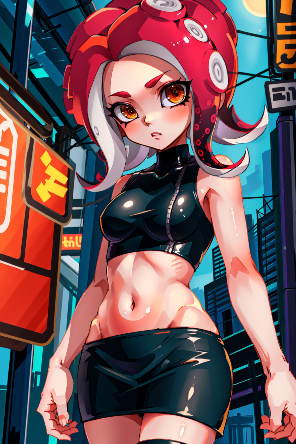 (masterpiece, best quality, highres, ultra detailed:1.2), (solo, 1girl), (close-up, cowboy shot:1.1), agent_8, tentacle_hair, octarian, red hair, short hair, midriff, pencil skirt, boots, orange eyes, (detailed background, moody, city, nighttime, night:1.1)