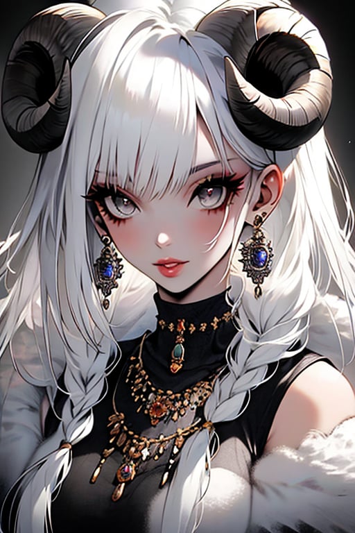 (masterpiece), , (best quality)

1girl, solo, long hair, looking at viewer, jewelry, upper body, braid, white hair, earrings, horns, necklace, lips, grey eyes, eyelashes, hair over shoulder, sheep horns, sheep girl