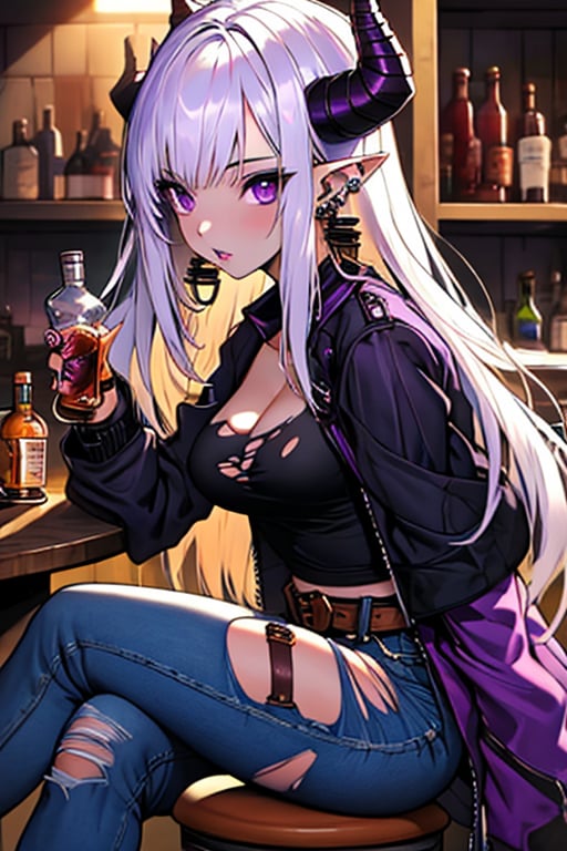 (masterpiece), , (best quality)

1girl, solo, long hair, breasts, looking at viewer, long sleeves, cleavage, jewelry, medium breasts, sitting, purple eyes, jacket, white hair, earrings, parted lips, horns, pointy ears, belt, pants, indoors, torn clothes, thigh strap, colored skin, black pants, ring, crossed legs, bottle, ear piercing, jeans, leather, stool, torn pants, bar (place), torn jeans, whiskey