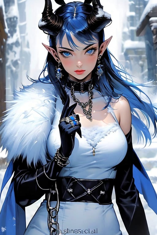 (masterpiece), , (best quality)

1girl, solo, long hair, breasts, looking at viewer, blue eyes, gloves, jewelry, blue hair, upper body, earrings, horns, pointy ears, black gloves, fur trim, chain, ring, snow