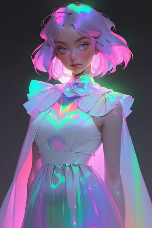 hologram skirt,portrait,(dress hologram:1.2), bioluminescent liquid,

1girl, solo, breasts, looking at viewer, short hair, simple background, pink hair, cape, white dress, glowing, colored skin, black background,    chromatic, chromatic hair,chromatic dress,post-Impressionist