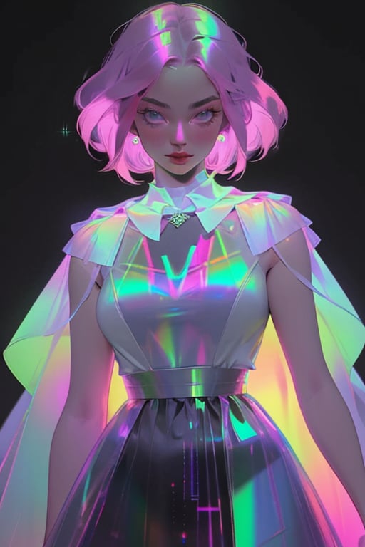 hologram skirt,portrait,(dress hologram:1.2), bioluminescent liquid,

1girl, solo, breasts, looking at viewer, short hair, simple background, pink hair, cape, white dress, glowing, colored skin, black background,    chromatic, chromatic hair,chromatic dress,post-Impressionist,Detailedface