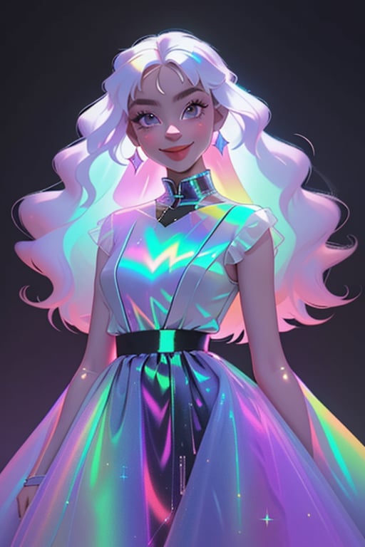 1girl, long hair, smile,colorful dress, white hair, solo focus, sparkle, colored skin, chromatic,chromatic dress, hologram skirt,portrait,(dress hologram:1.2), bioluminescent liquid,High detailed 