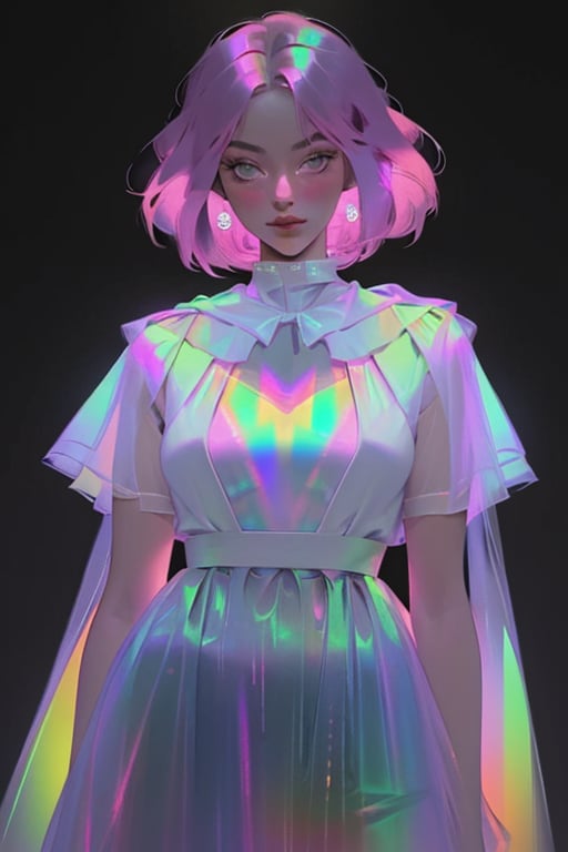 hologram skirt,portrait,(dress hologram:1.2), bioluminescent liquid,

1girl, solo, breasts, looking at viewer, short hair, simple background, pink hair, cape, white dress, glowing, colored skin, black background,    chromatic, chromatic hair,chromatic dress,post-Impressionist,Detailedface