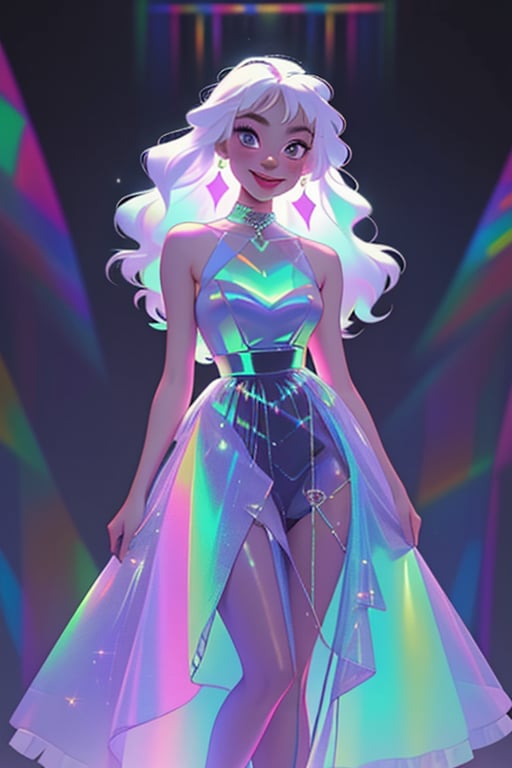 1girl, long hair, smile,colorful dress, white hair, solo focus, sparkle, colored skin, chromatic,chromatic dress, hologram skirt,portrait,(dress hologram:1.2), bioluminescent liquid