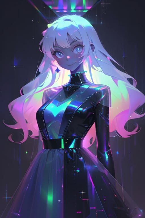 1girl, long hair, smile,colorful dress, white hair, solo focus, sparkle, colored skin, chromatic,chromatic dress, hologram skirt,portrait,(dress hologram:1.2), bioluminescent liquid,High detailed ,ASU1