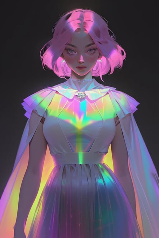 hologram skirt,portrait,(dress hologram:1.2), bioluminescent liquid,

1girl, solo, breasts, looking at viewer, short hair, simple background, pink hair, cape, white dress, glowing, colored skin, black background,    chromatic, chromatic hair,chromatic dress,post-Impressionist,Detailedface