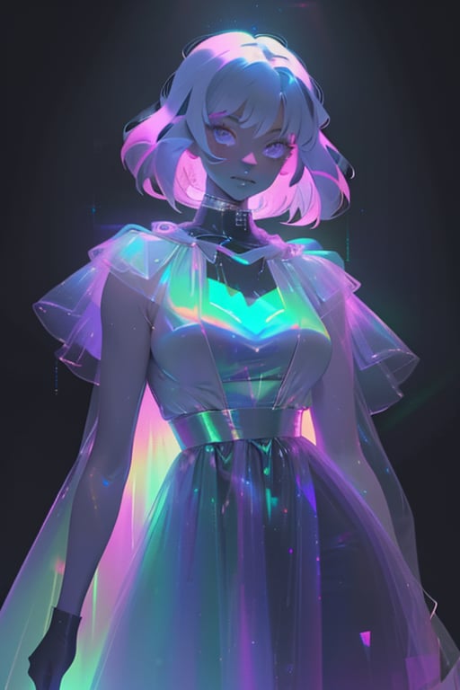 hologram skirt,portrait,(dress hologram:1.2), bioluminescent liquid,

1girl, solo, breasts, looking at viewer, short hair, simple background, pink hair, cape, white dress, glowing, colored skin, black background,    chromatic, chromatic hair,chromatic dress,