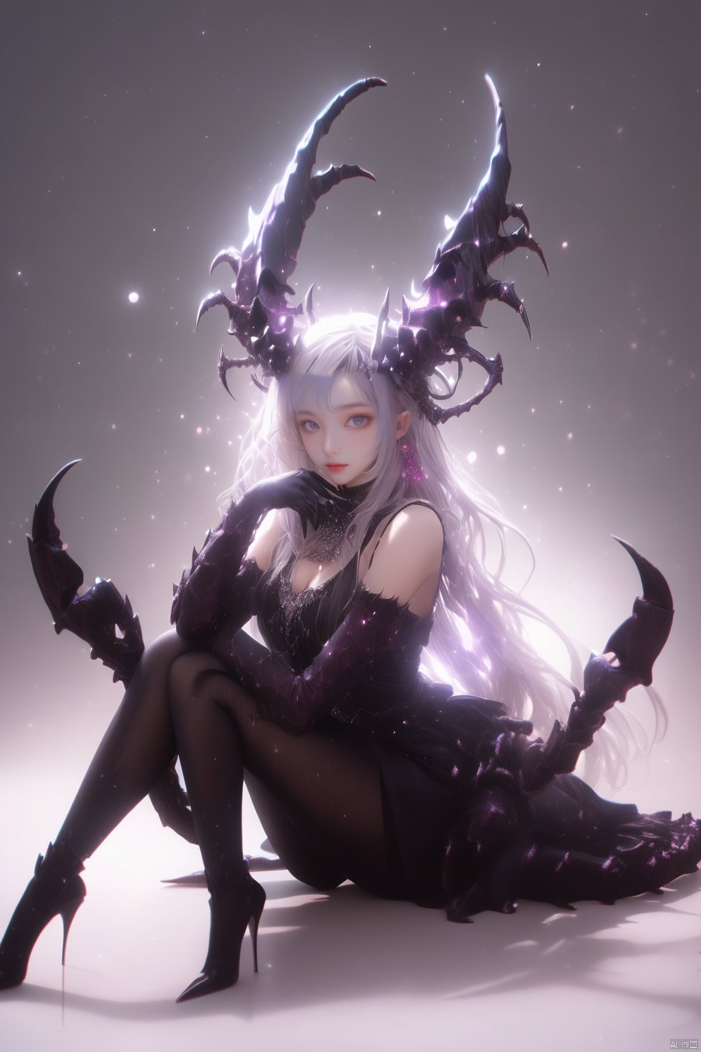  tianxie, Scorpion horns, 1girl, long hair, sitting, very long hair, horns, dress, gloves, breasts, solo, black dress, bare shoulders, high heels, pantyhose, bangs, looking at viewer, black gloves, red eyes, elbow gloves, hair over one eye, light particles, open mouth, crossed legs, white hair, black pantyhose, debris, scales, sharp teeth, teeth, bodystocking, large breasts, clothing cutout, jewelry, Scorpion girl, Scorpion, 2.5D, mysterious