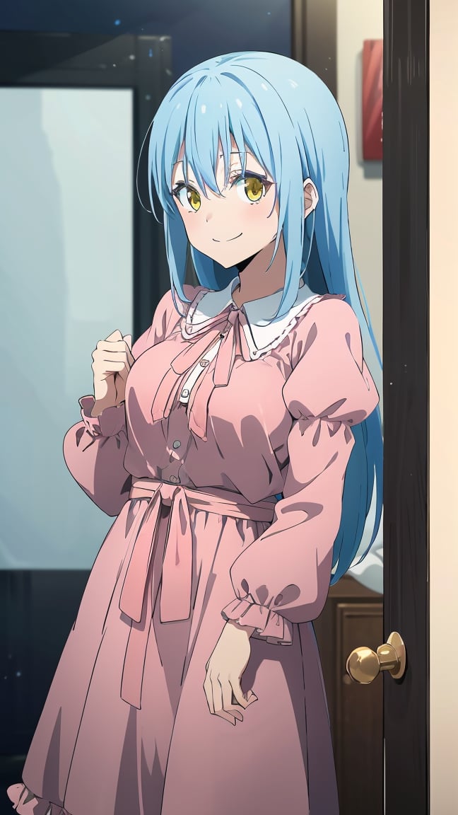 (masterpiece, best quality), ray tracing, absurdres,1girl,rimuru clothes, rimuru tempest,medium breasts,light blue hair, long hair, closed mouth, yellow eyes, , bangs, hair between eyes, solo, holding clothes,  puffy sleeves,pink shirt, two-tone dress,grey dress, jewelry,,holding,looking at viewer,blush,smile,  <lora:rimuru clothes:0.7> 