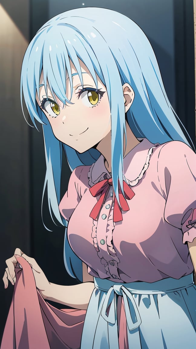 (masterpiece, best quality), ray tracing, absurdres,1girl,rimuru clothes, rimuru tempest,medium breasts,light blue hair, long hair, closed mouth, yellow eyes, , bangs, hair between eyes, solo, holding clothes,  puffy sleeves,pink shirt, two-tone dress,grey dress, jewelry,,holding,looking at viewer,blush,smile,  <lora:rimuru clothes:0.7> 