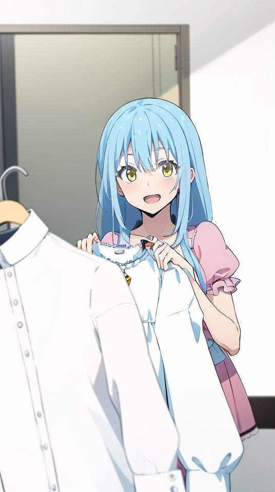 (masterpiece, best quality), ray tracing, absurdres,1girl,rimuru clothes, rimuru tempest,medium breasts,light blue hair, long hair, open mouth, yellow eyes, , bangs, hair between eyes, solo, holding clothes,  puffy sleeves,pink shirt, two-tone dress,grey dress, jewelry,,holding,looking at viewer,blush,smile,  <lora:rimuru clothes:0.7> 