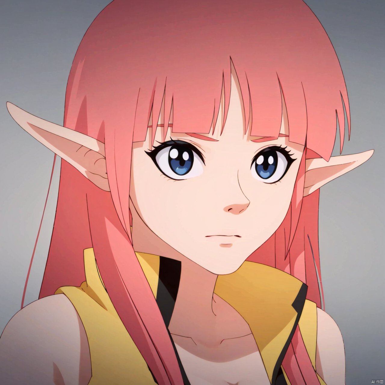 Xiaolan,1girl,solo,pink hair,long hair,ahoge,black eyes,bangs,blunt bangs,closed mouth,collarbone,elf,long pointy ears,large breasts, sleeveless,