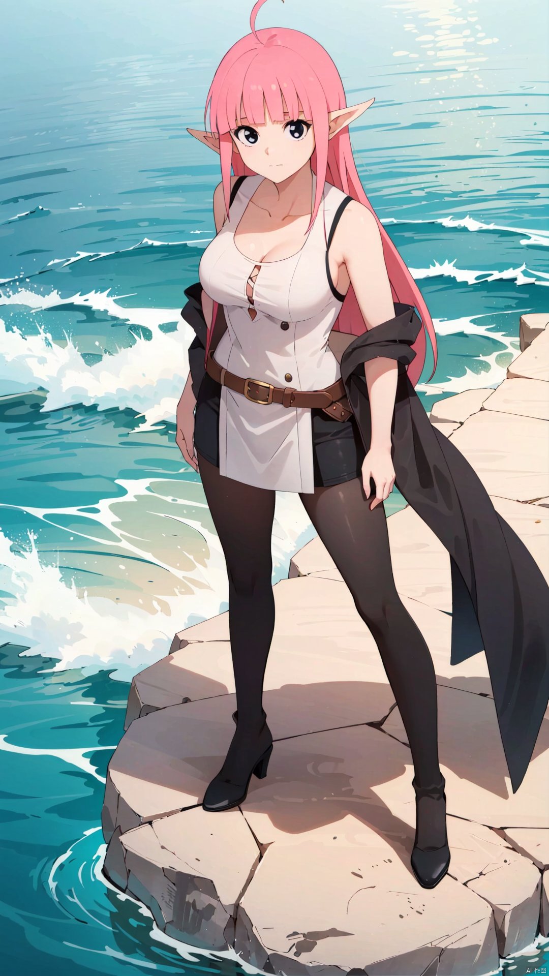 Xiaolan,1girl,solo,pink hair,long hair,ahoge,black eyes,bangs,blunt bangs,closed mouth,collarbone,elf,long pointy ears,large breasts, sleeveless,

(full-body shot, full body:1.3),(sea:1.3), 