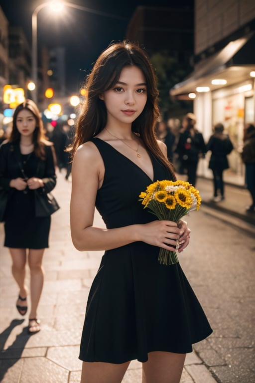 1girl,8k wallpaper,extremely detailed figure, amazing beauty, detailed characters, indoor,black dress, holding flowers, light and shadow, depth of field, light spot, reflection,upper body,nigth,street