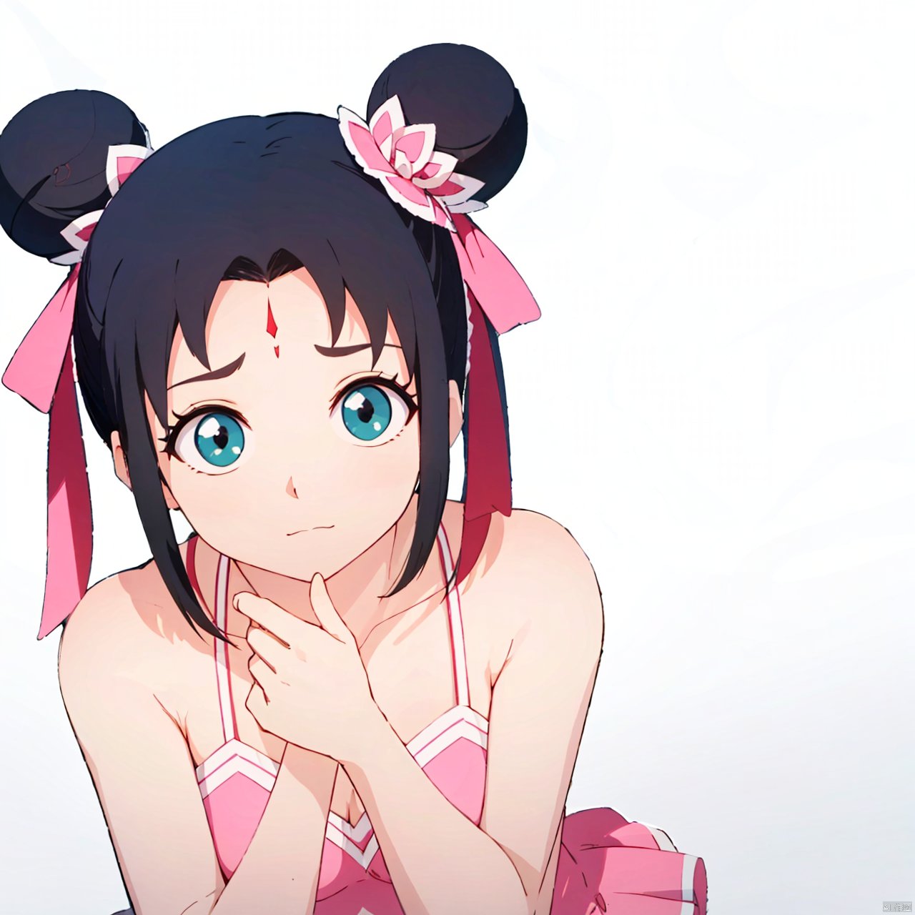 nezha, 1girl, solo, black hair, forehead mark, hair bun, hair bun, double bun, breasts, miniskirt, bare shoulder, pink footwear, green skirt,upper body,close-up,