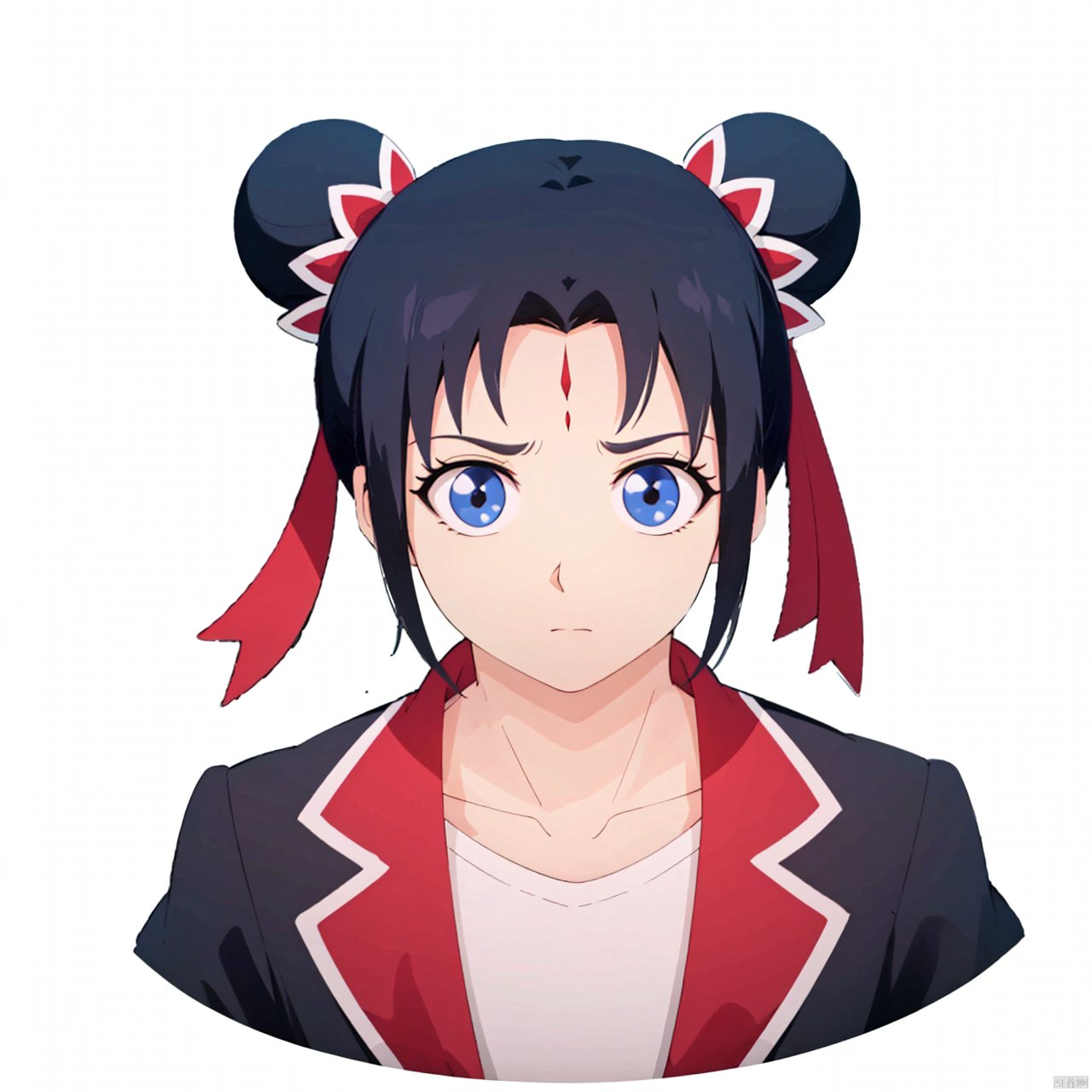 nezha, 1girl, (solo:1.3), black hair, forehead mark, hair bun, double bun, bust,