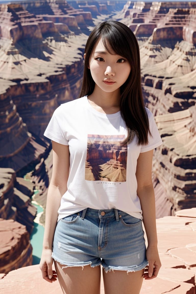 <lora:azndoll1.0_obj20:0.5>, full_body, standing, t-shirt, shorts, barefoot , (grand canyon), (azndoll: 1.2), perfect face, (contact iris: 1.1), pale skin, skin pores , depth of field