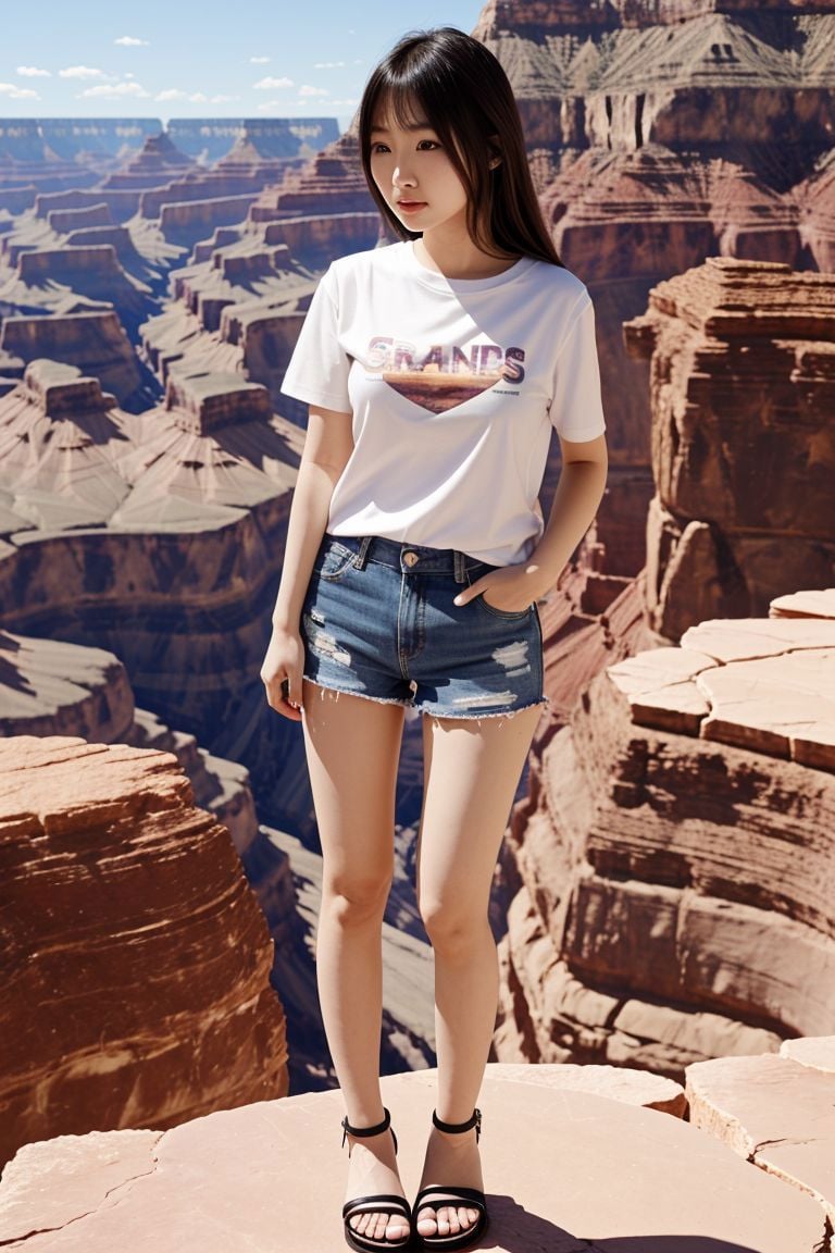 <lora:azndoll1.0_obj20:0.5>, full_body, standing, t-shirt, shorts, sandals, (grand canyon), (azndoll: 1.2), perfect face, (contact iris: 1.1), pale skin, skin pores , depth of field