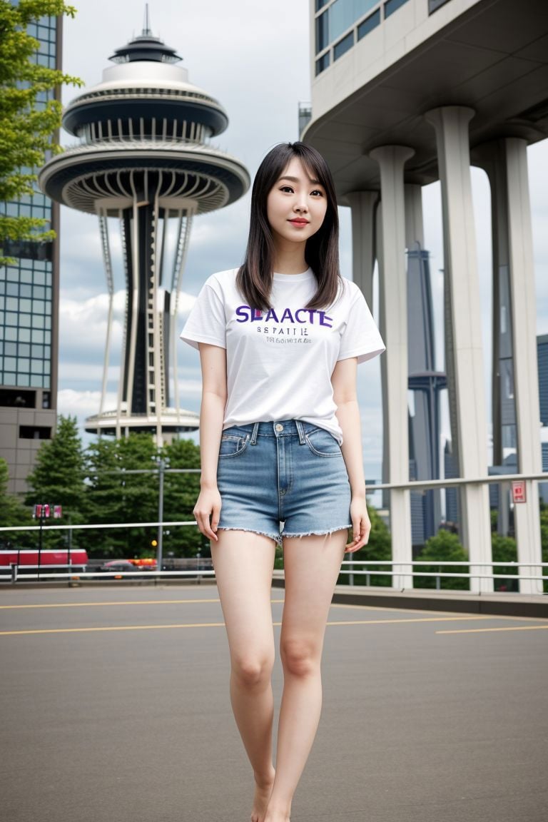 <lora:azndoll1.0_obj20:0.5>, full_body, standing, t-shirt, shorts, barefoot , (seattle space needle), (azndoll: 1.2), perfect face, (contact iris: 1.1), pale skin, skin pores , depth of field