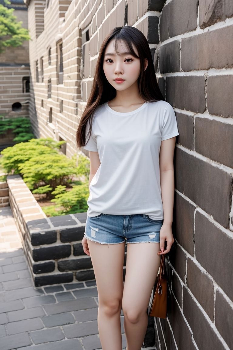 <lora:azndoll1.0_obj20:0.5>, full_body, standing, t-shirt, shorts, sandals, (great wall of china), (azndoll: 1.2), perfect face, (contact iris: 1.1), pale skin, skin pores , depth of field