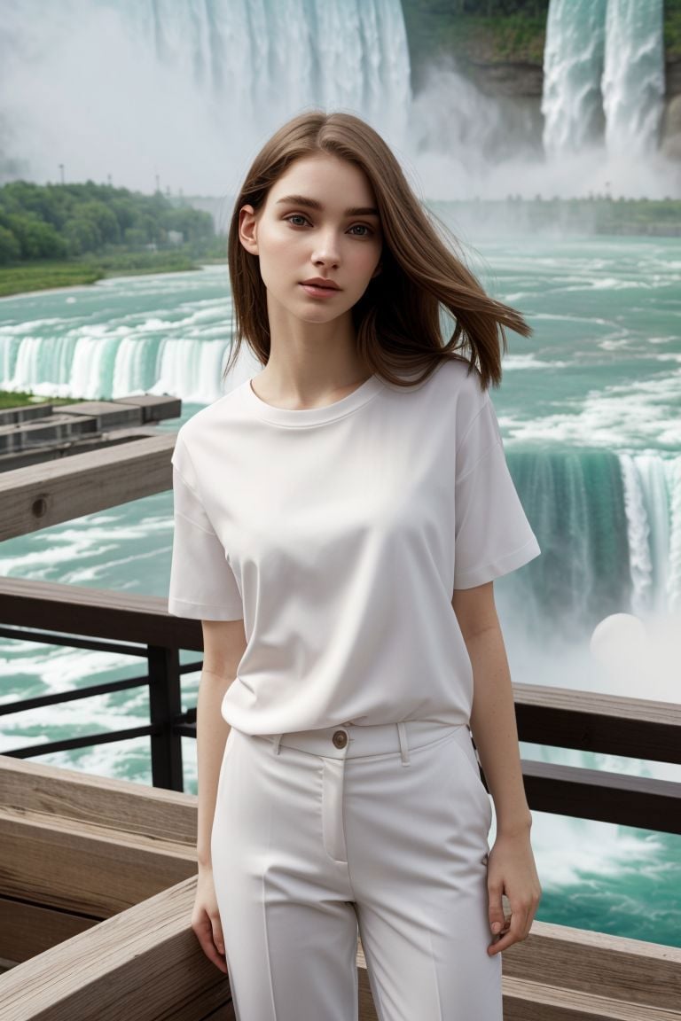 <lora:ahud1.58_obj20:0.5>, full_body, standing, sandals, (shirt), pants, (niagara falls), (ahud: 1.2), perfect face, (contact iris: 1.1), pale skin, skin pores , depth of field