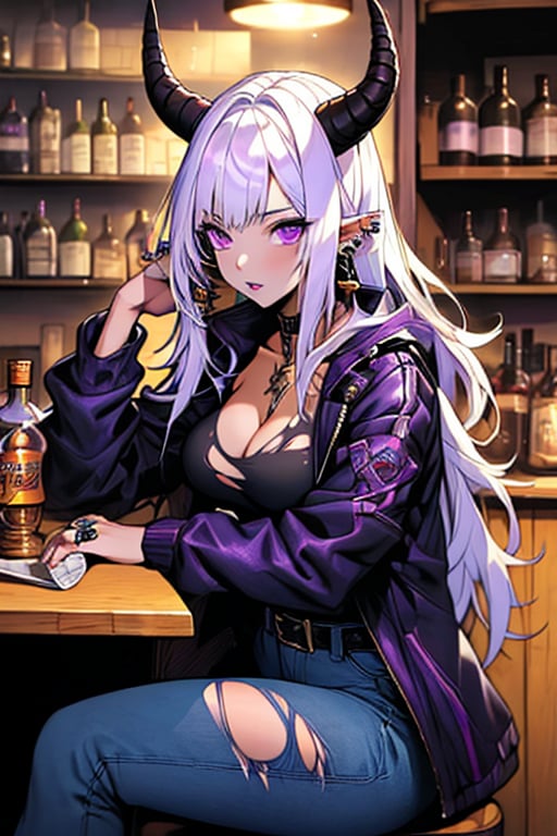 (masterpiece), , (best quality)

1girl, solo, long hair, breasts, looking at viewer, long sleeves, cleavage, jewelry, medium breasts, sitting, purple eyes, jacket, white hair, earrings, parted lips, horns, pointy ears, belt, pants, indoors, torn clothes, thigh strap, colored skin, black pants, ring, crossed legs, bottle, ear piercing, jeans, leather, stool, torn pants, bar (place), torn jeans, whiskey,High detailed 