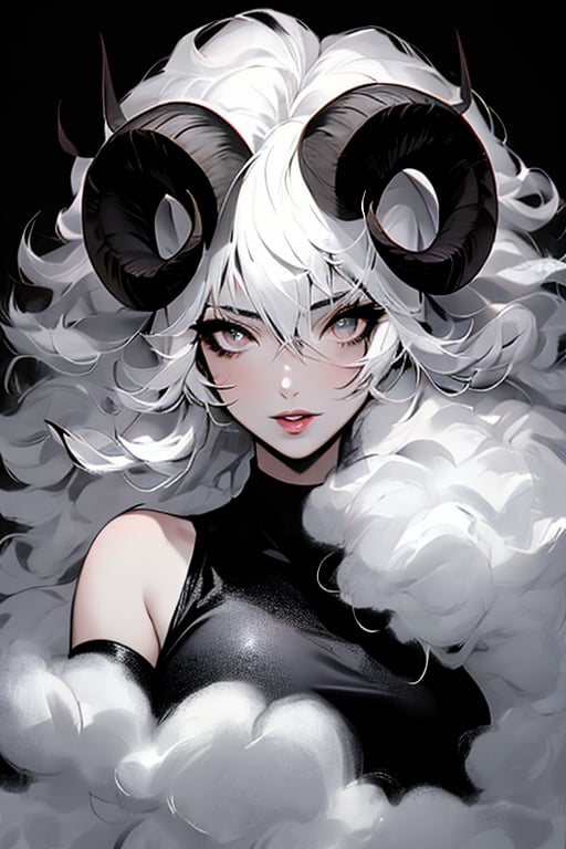 (masterpiece), , (best quality)

1girl, solo, long hair, looking at viewer, simple background, hair between eyes, bare shoulders, upper body, white hair, parted lips, horns, lips, grey eyes, black background, curled horns, white eyes, sheep horns