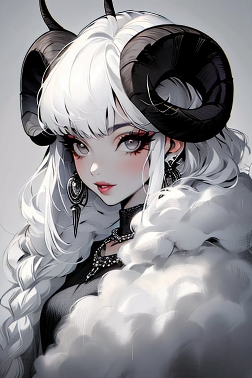 (masterpiece), , (best quality)

1girl, solo, long hair, looking at viewer, jewelry, upper body, braid, white hair, earrings, horns, necklace, lips, grey eyes, eyelashes, hair over shoulder, sheep horns, sheep girl