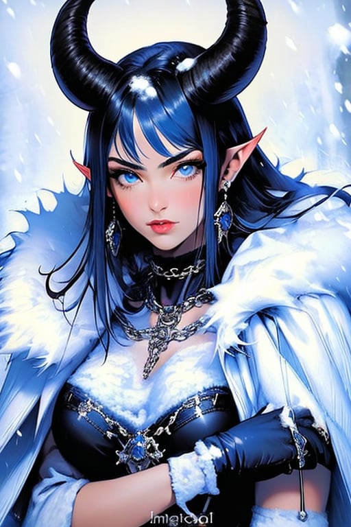 (masterpiece), , (best quality)

1girl, solo, long hair, breasts, looking at viewer, blue eyes, gloves, jewelry, blue hair, upper body, earrings, horns, pointy ears, black gloves, fur trim, chain, ring, snow