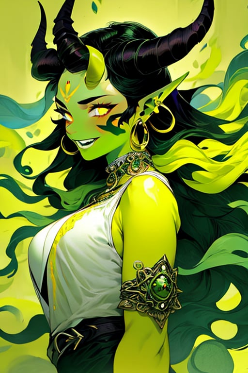 (masterpiece), , (best quality)
1girl, solo, long hair, breasts, looking at viewer, black hair, jewelry, yellow eyes, upper body, earrings, green hair, horns, teeth, pointy ears, colored skin, facial mark, green skin, white eyes